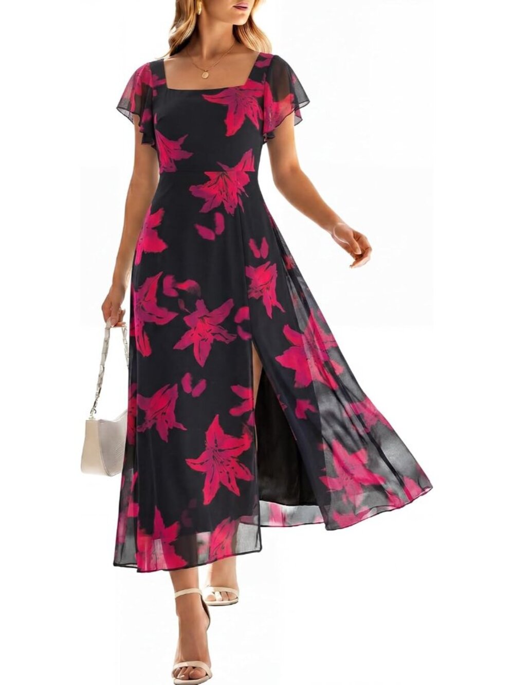 Women's Rose Red Flower Square Neck Floral Tulle Wedding Guest Midi Dresses